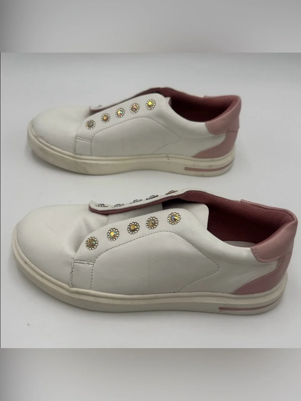 Sincerly Jules White Slip-On Sneakers with Dusty Rose Accents and Crystal Studs